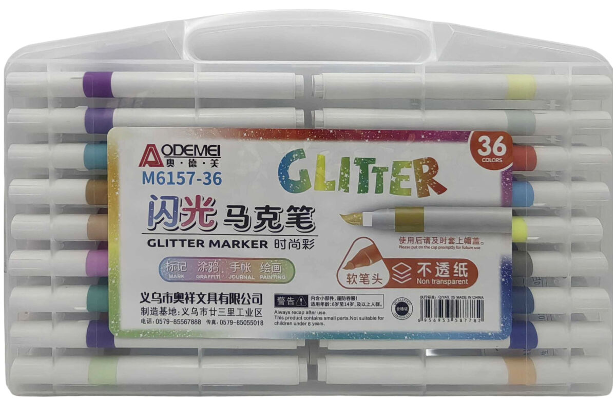 Маркер з м'яким пензлем 36кол.Aodemei з глітером,блиском 14см у пласт.кор.