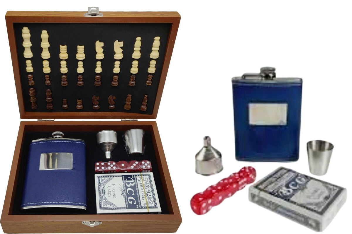 Набір подарунковий - фляга 240мл+шахи+карти+кістки+чарка+лійка, нерж.сталь у шкірі