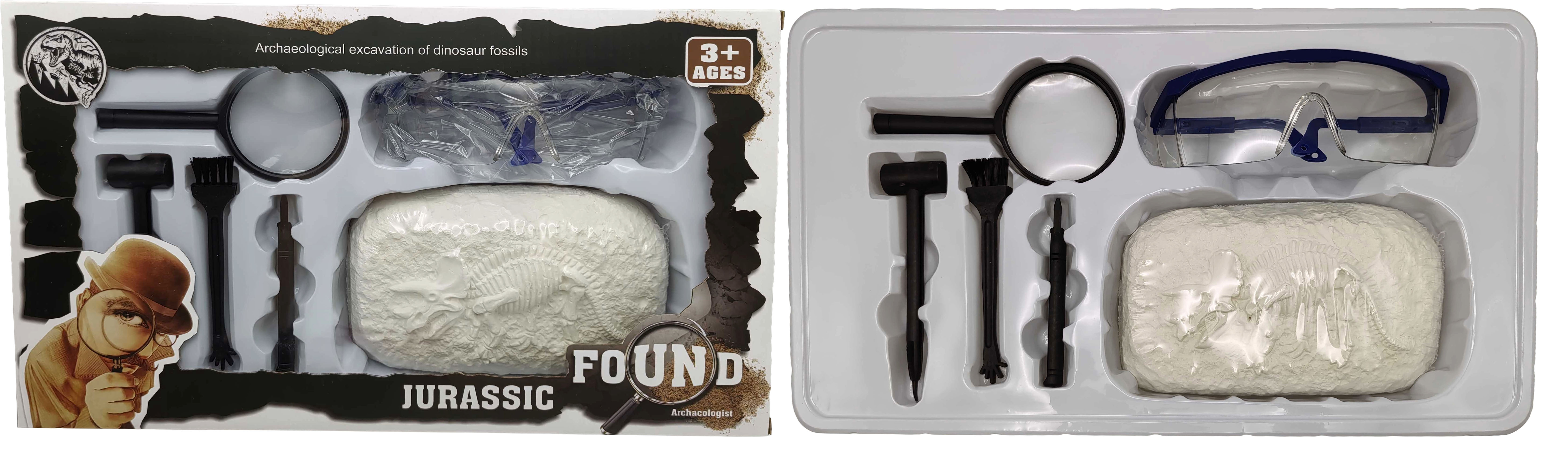 Н-р для проведення розкопок скелета динозавра  - окуляри, лупа, інструменти, скам'янілість